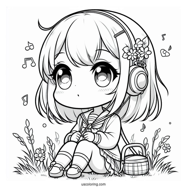 Chibi Girl Listening To Music While Sitting On Grass