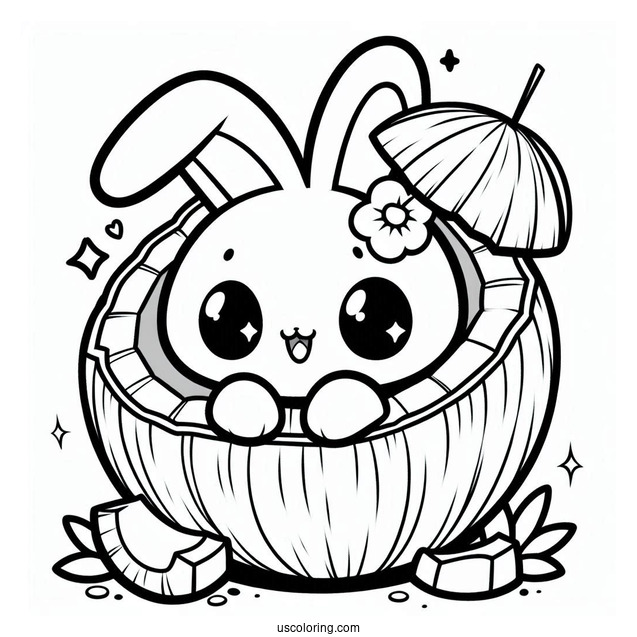 Kawaii Bunny Inside A Coconut Coloring Page For Kids
