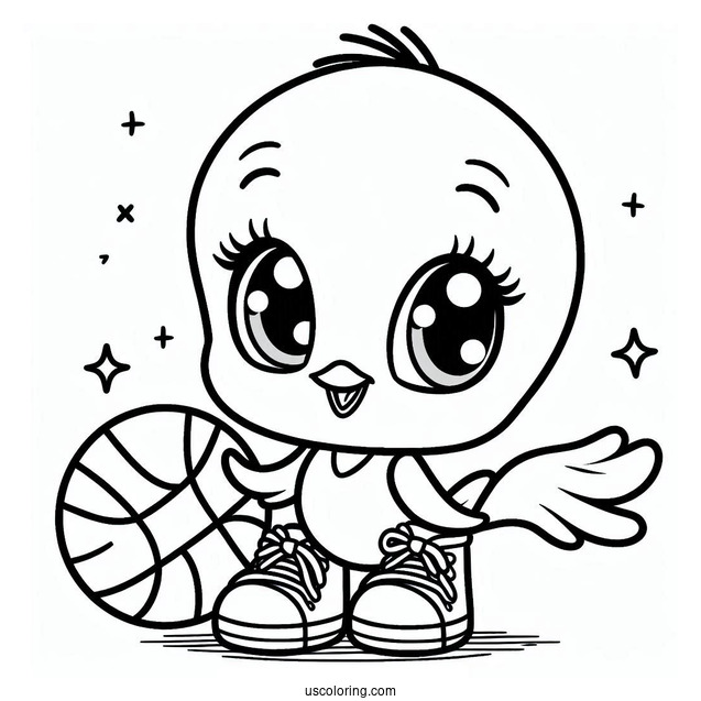 Kawaii Tweety Bird With Basketball Coloring Sheet For Preschoolers