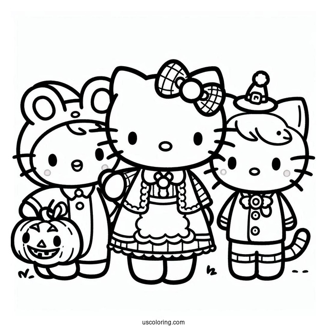 Sanrio Coloring Pages Of Hello Kitty, Dear Daniel, And Friends In Halloween Costumes
