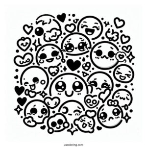 Emoji Coloring Page Of Kawaii Full Page Emoji Montage Of Feelings And Hearts