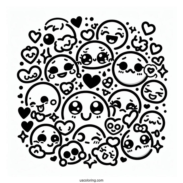 Emoji Coloring Page Of Kawaii Full Page Emoji Montage Of Feelings And Hearts