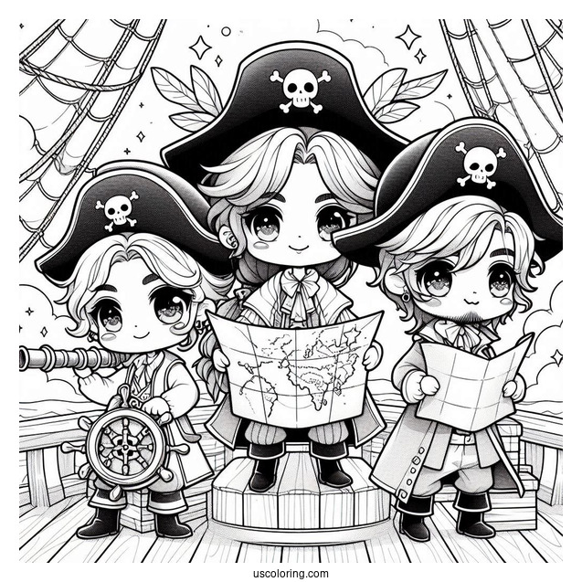 Three Chibi Pirate Coloring Page On Deck With A Map And A Telescope