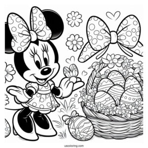 Minnie Mouse In Easter Bunny Coloring Page Costume Holding Basket With Eggs