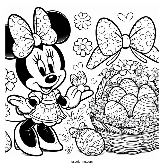 Minnie Mouse In Easter Bunny Coloring Page Costume Holding Basket With Eggs