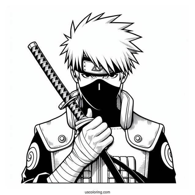 Detailed Hatake Kakashi Coloring Page Holding A Kunai