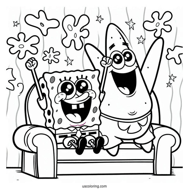 SpongeBob And Patrick Star Coloring Page Cheering On Sofa