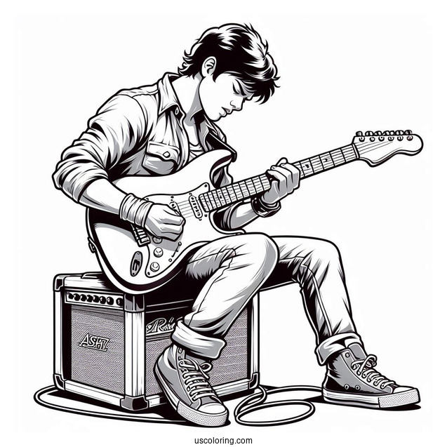 Sing Coloring Page Of Ash Playing Electric Guitar While Sitting On Amplifier