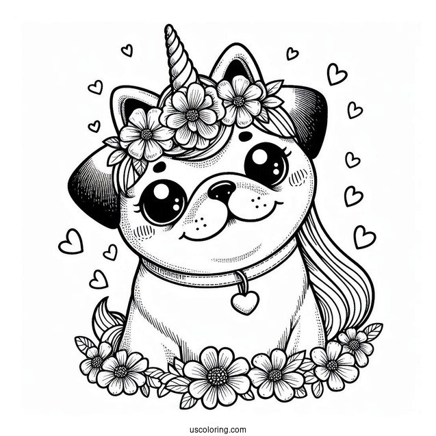 Adorable Pug Coloring Page Wearing a Unicorn Horn and Flower Crown