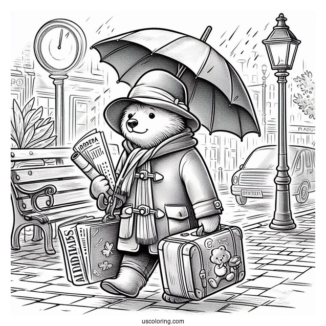 Paddington Coloring Page Carrying His Suitcase, Umbrella, And Newspapers While Walking On The Sidewalk