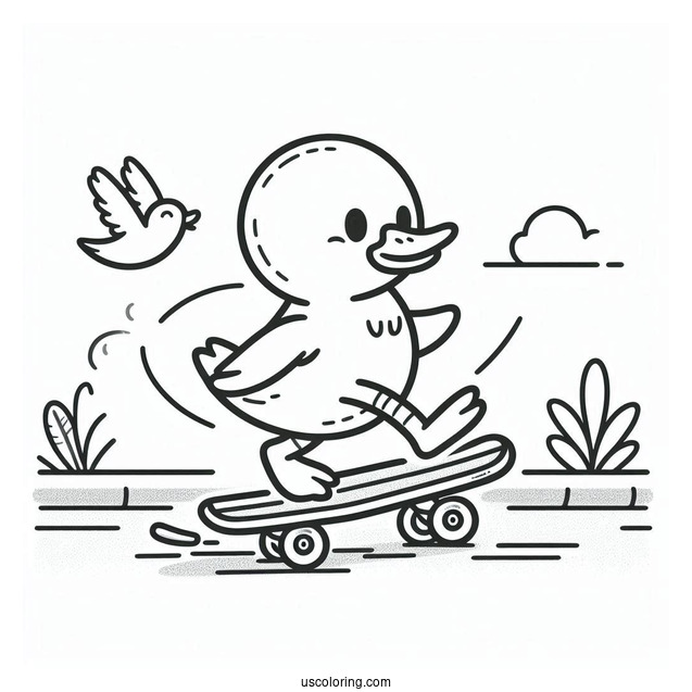 Duck Skateboarding Down the Street Coloring Page For Kids