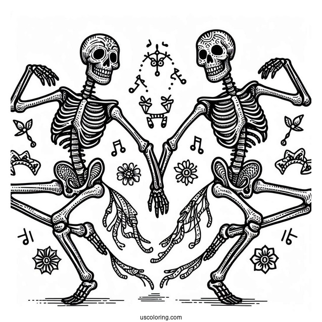 Detailed Adult Skeleton Coloring Page Dancing