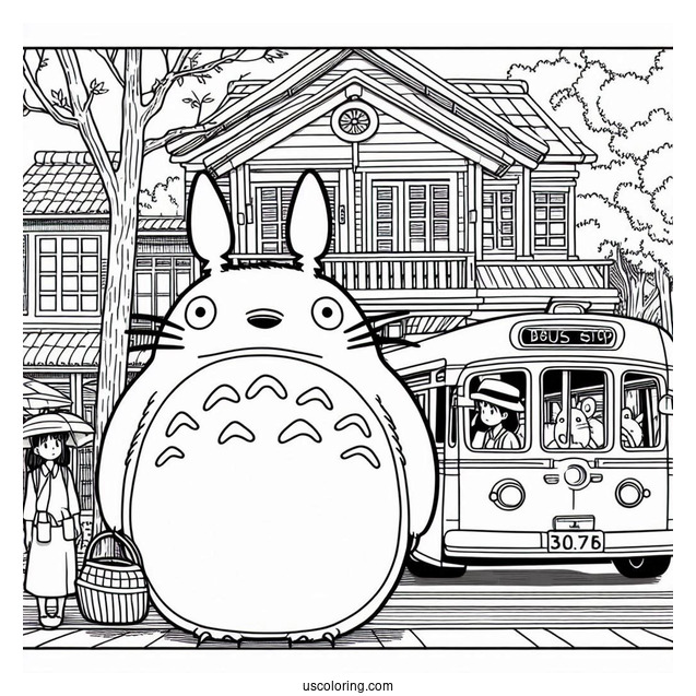Studio Ghibli Coloring Page of Iconic My Neighbor Totoro At Bus Stop Poster