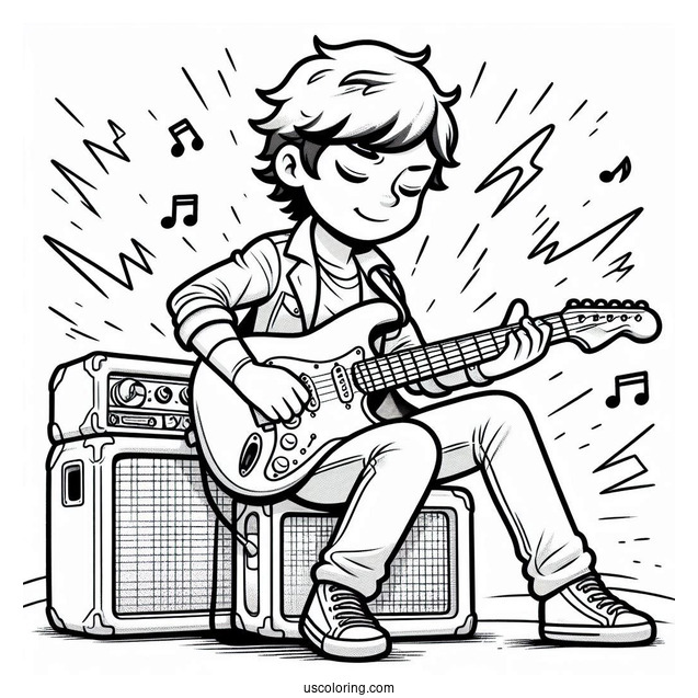 Sing Coloring Page Of Ash Playing Electric Guitar While Sitting On Amplifier