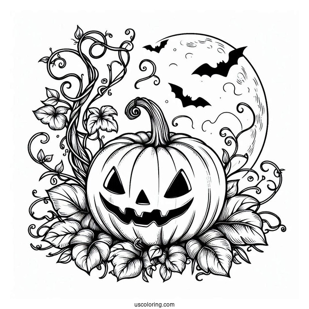 Pumpkin Coloring Page Of Spooky Jack O Lantern With Vines And Bats