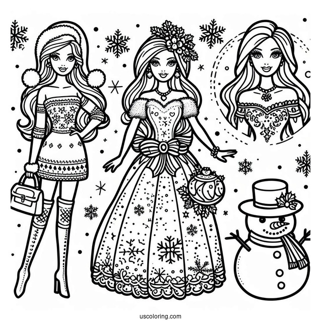 Christmas Themed Barbie Coloring Page