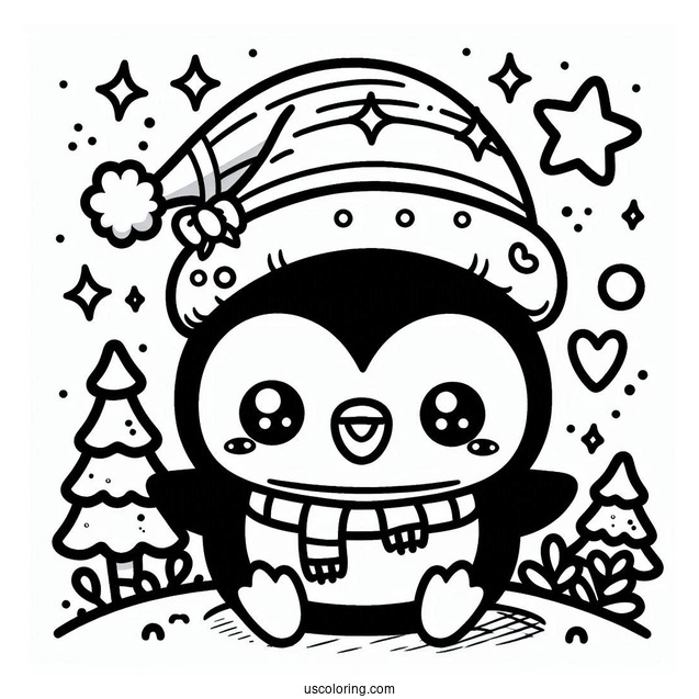 Kawaii Penguin Christmas Coloring Page