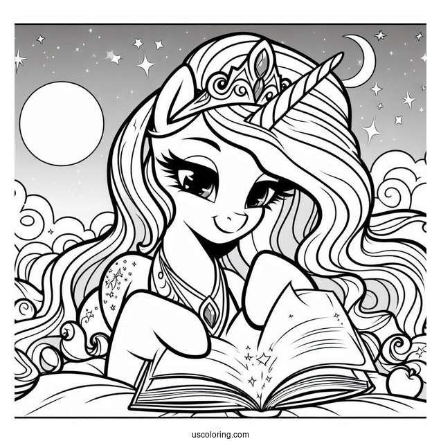 Princess Celestia Coloring Page Reading A Book With Twilight Sparkle