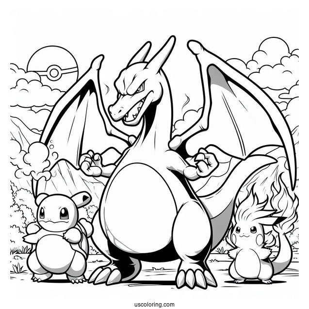 Charizard With Blastoise And Pikachu Coloring Sheet