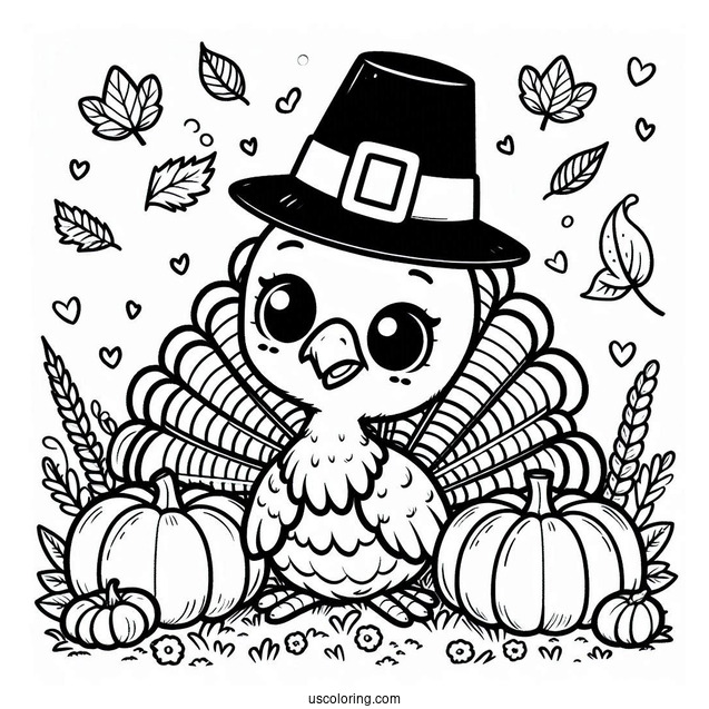 Pilgrim Coloring Page Cute Turkey With Pumpkins On The Grass For Kids