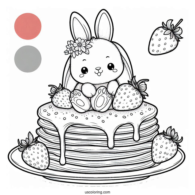 Adorable Bunny On Top Of Two Pancakes With Strawberries