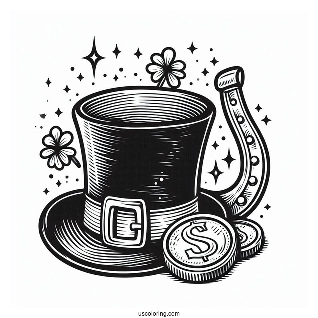 St Patrick_s Hat With Gold Coins And Horseshoe To Color