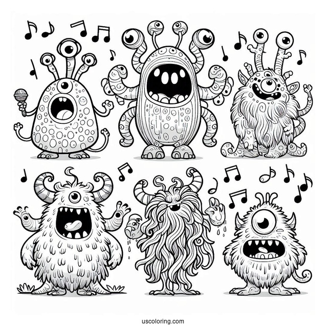My Singing Monsters Coloring Page Of Mammott, Entbrat, Bowgart, Punkleton, Ghatz, Potbelly, And Noggin