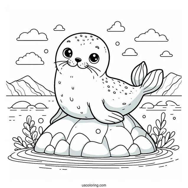 Happy Seal Coloring Page On A Rock For Kids