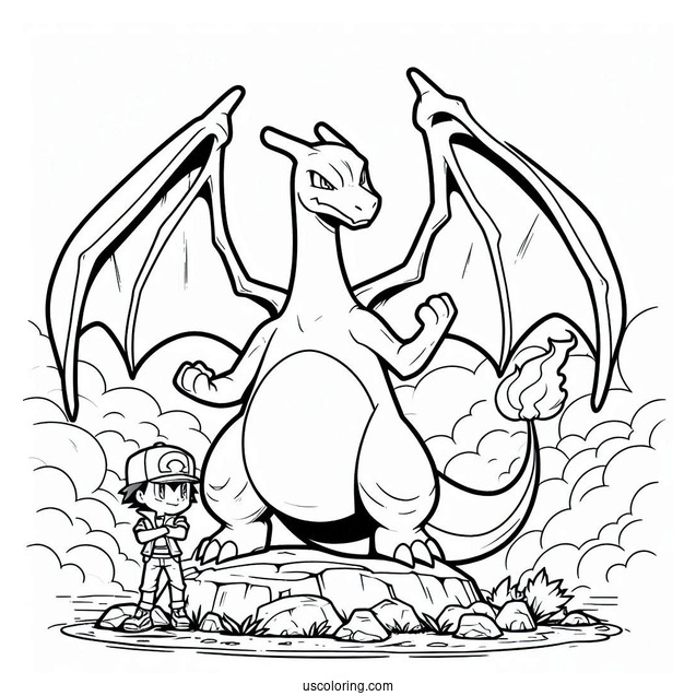 Charizard With Ash Coloring Page For Kids