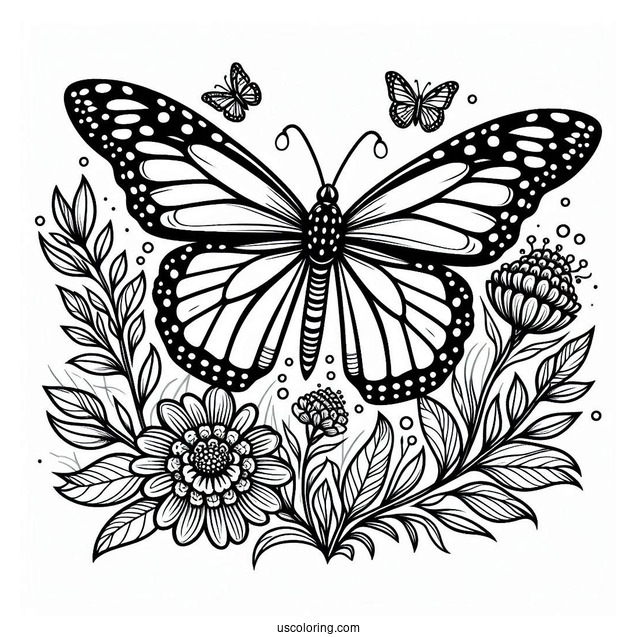 Monarch Butterfly Coloring Page Perched On Flowers