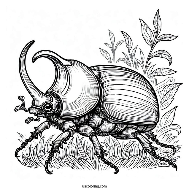 Detailed Hercules Beetle Coloring Page On The Grass