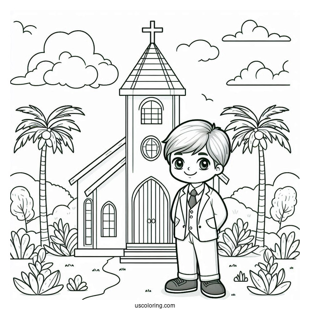 Little Boy Standing In Front Of A Church Coloring Page