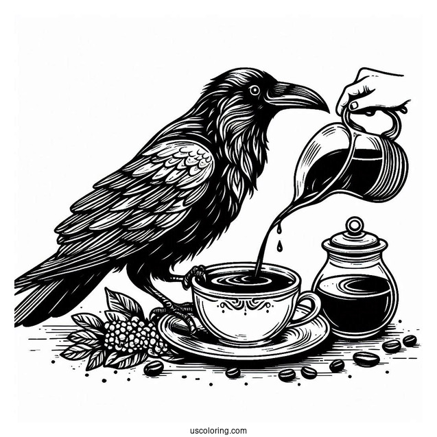 Raven Coloring Page Adding Syrup To Coffee