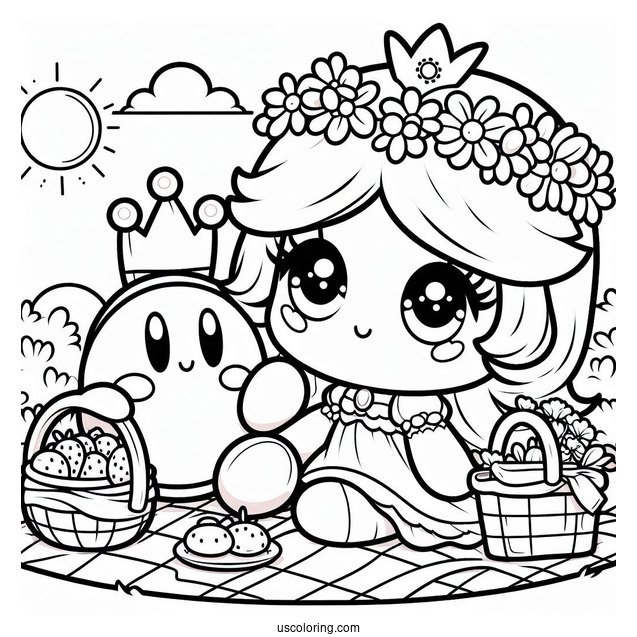 Cute Princess Daisy Coloring Page Having Picnic With Kirby