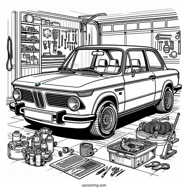BMW Coloring Page 2002tii In Garage For Kids