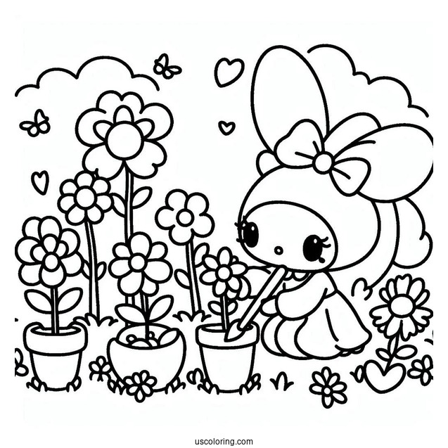 Kawaii My Melody Coloring Page Picking Flowers
