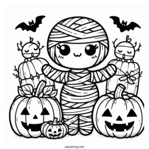 Adorable Egyptian Mummy Coloring Page With Jack O Lanterns