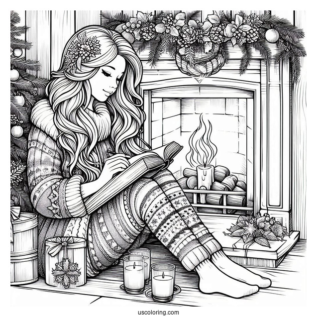 Christmas Coloring Pages For Adults Of Woman Sitting Beside The Fireplace With A Book On Christmas