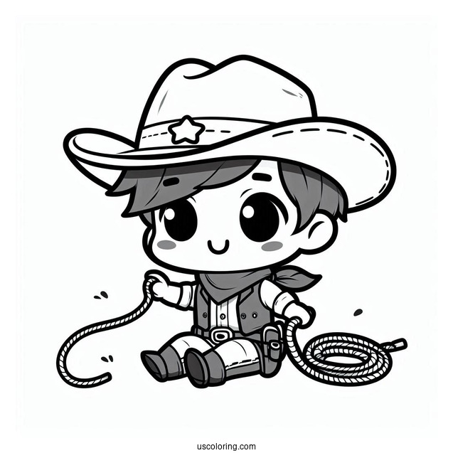 Cute Chibi Cowboy Coloring Page With A Lasso