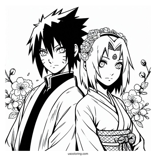 Sakura And Sasuke Coloring Page In Modern Clothes