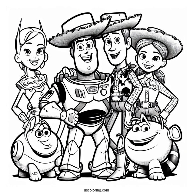Pixar Coloring Page of Toy Story Woody, Buzz, And Jessie With Friends