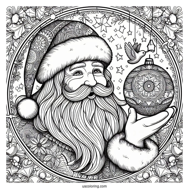 Realistic Santa Inside A Christmas Mandala Coloring Page