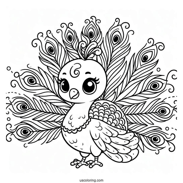 Cute Peacock Coloring Page with Fanned Feathers For Kids