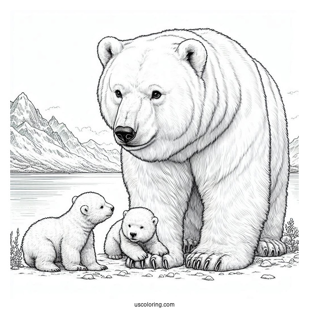 Realistic Coloring Page Of Polar Bear With Cubs