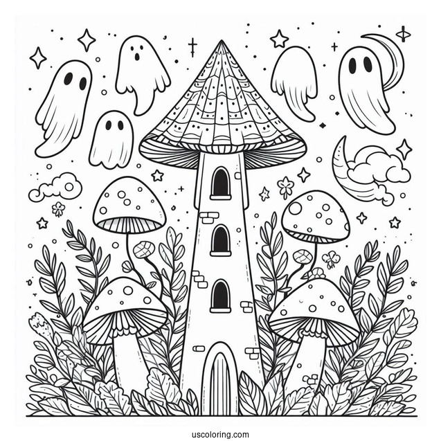 Mushroom Coloring Page Tower With Ghost And Floral Backgrounds