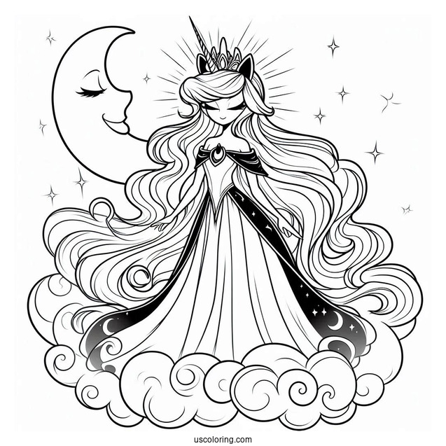 Elegant Princess Luna Coloring Page Standing On A Cloud