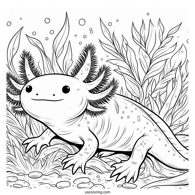 Adult Axolotl Coloring Page Wading Through Seaweed