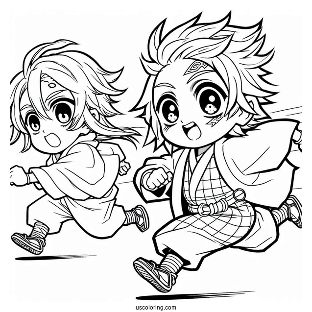 Chibi Zenitsu Chasing Tanjiro Coloring Page For Kids