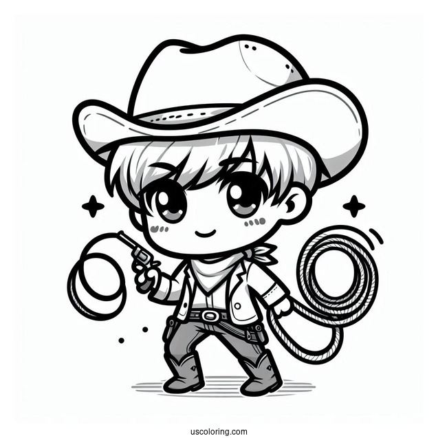 Cute Chibi Cowboy Coloring Page With A Lasso