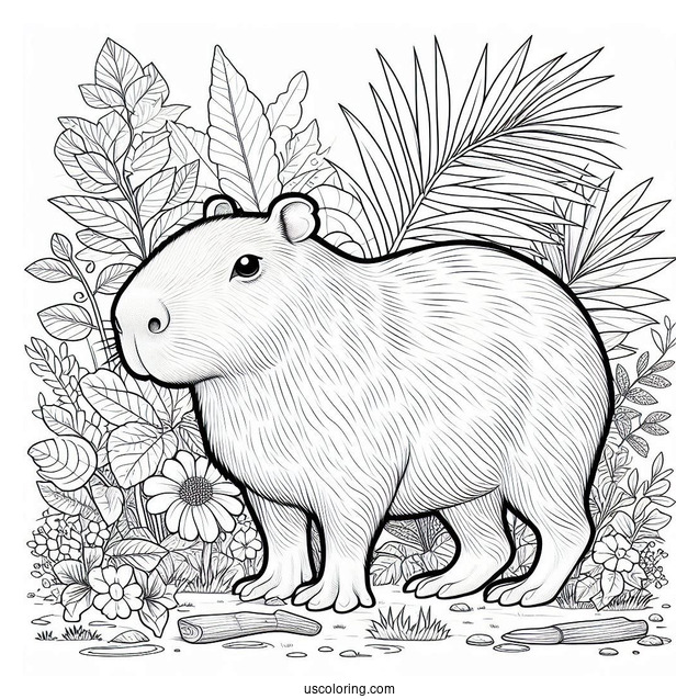 Large Capybara Coloring Page In The Garden